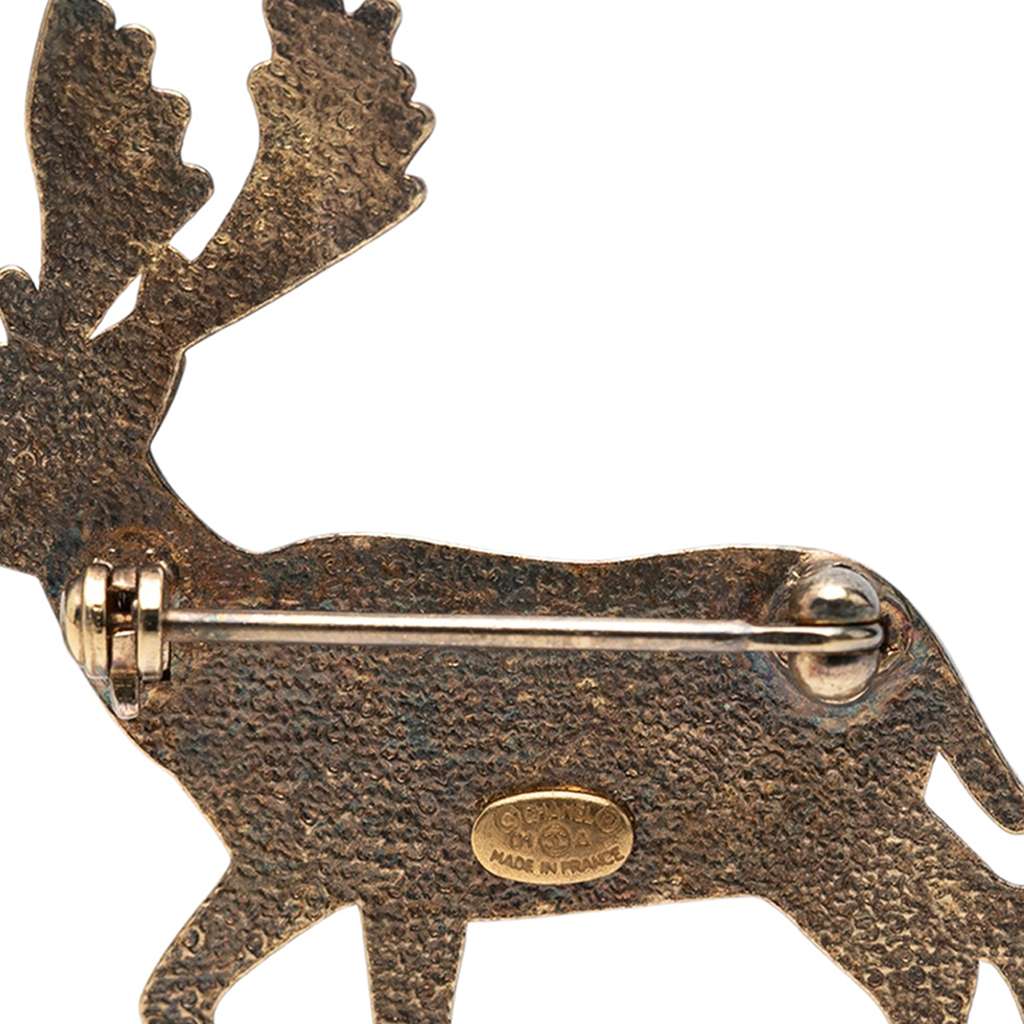 Chanel CC Gold Plated Faux Pearl Deer Brooch Gold Metal Good condition - Inside View