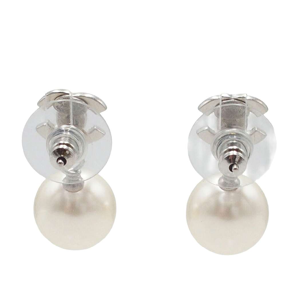 Chanel Silver Plated CC Rhinestone Faux Pearl Drop Push Back Earrings Silver Metal Good condition - Back View