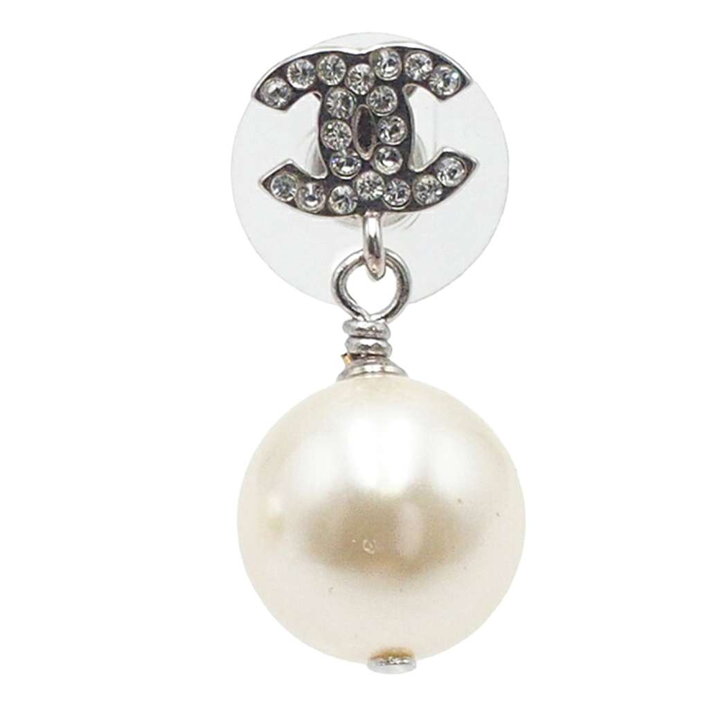 Chanel Silver Plated CC Rhinestone Faux Pearl Drop Push Back Earrings Silver Metal Good condition - Inside View