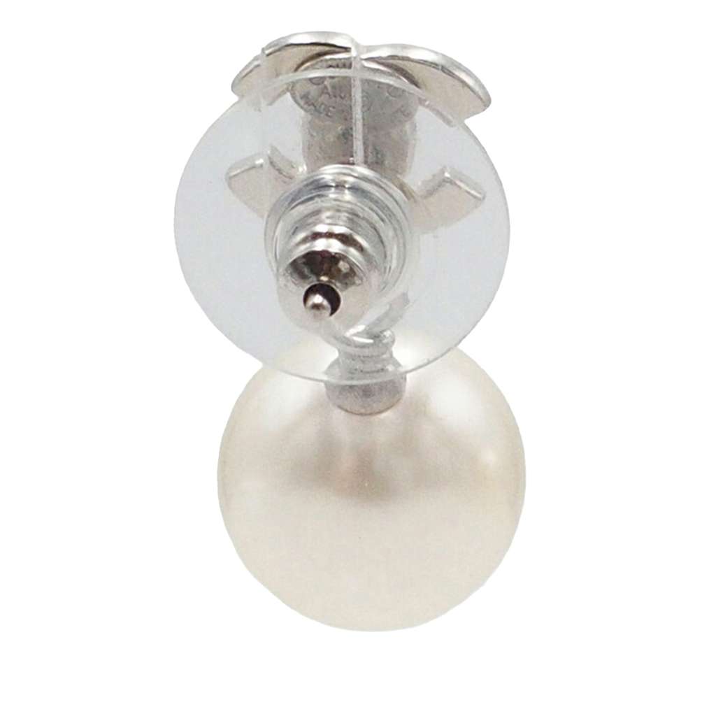 Chanel Silver Plated CC Rhinestone Faux Pearl Drop Push Back Earrings Silver Metal Good condition - Model View