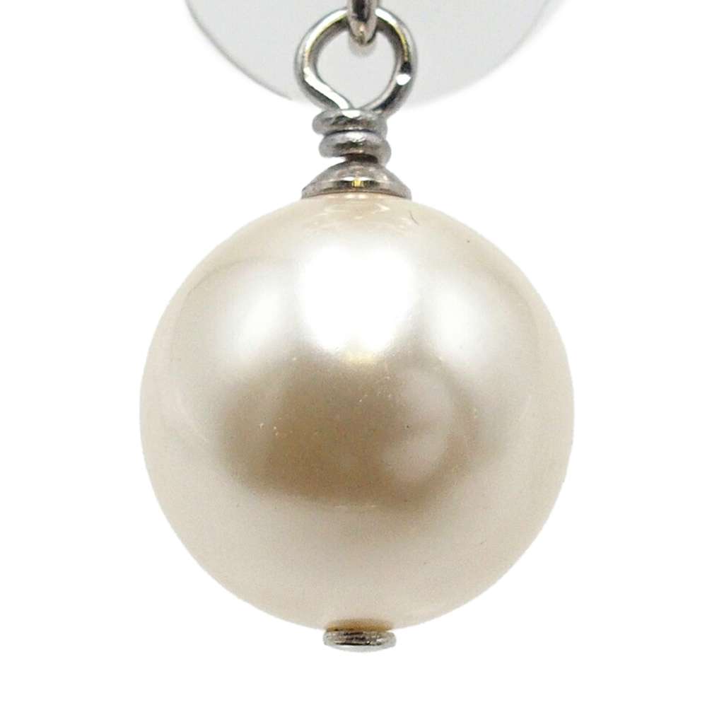 Chanel Silver Plated CC Rhinestone Faux Pearl Drop Push Back Earrings Silver Metal Good condition - Box View