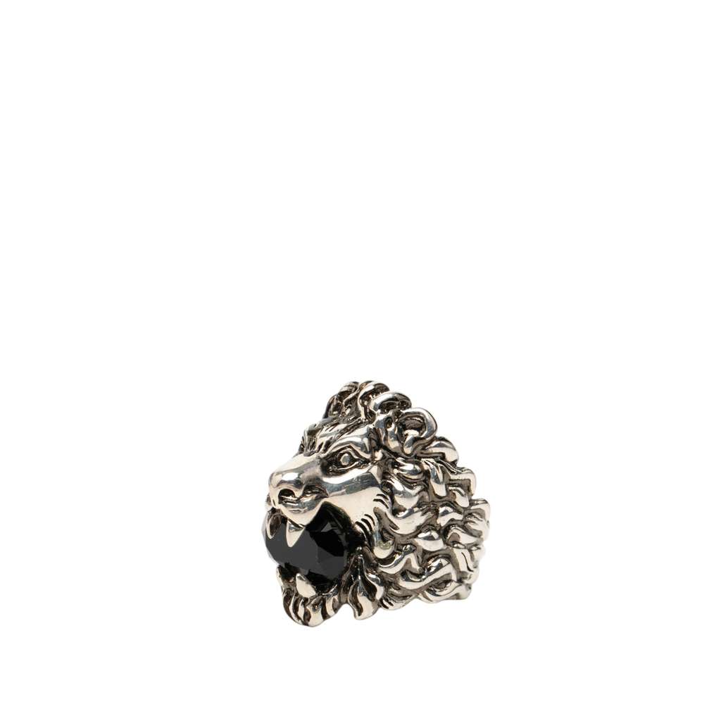 Gucci Silver Plated Crystal Lion Head Ring Silver Metal Good condition - Back View