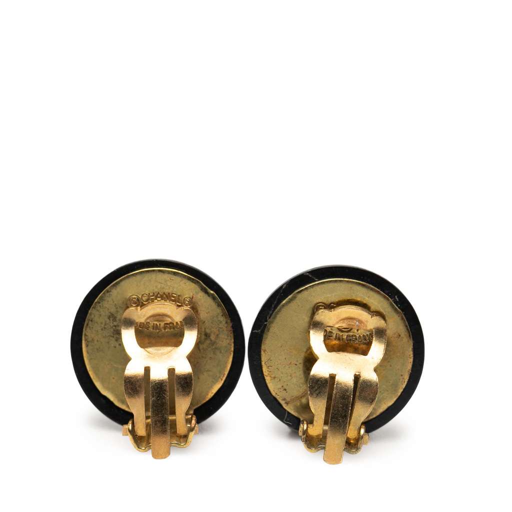 Chanel CC Resin and Gold Plated Quilted Button Clip On Earrings Black Good condition - Back View