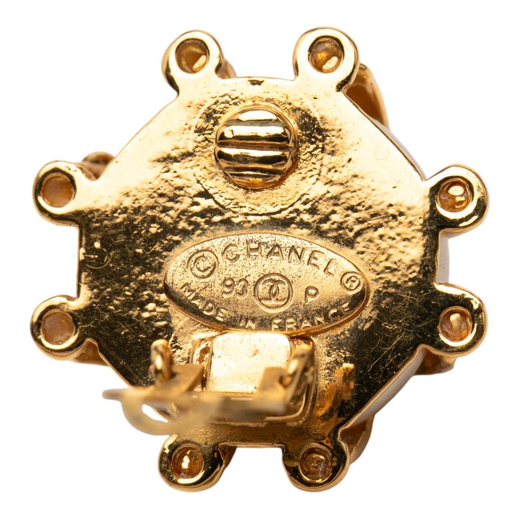 Chanel CC Gold Plated Caged Faux Pearl Clip On Earrings Gold Metal Good condition - Inside View