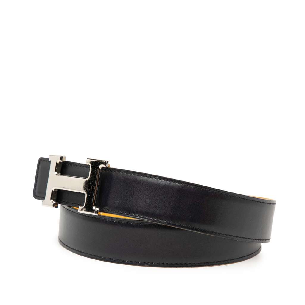 Hermès Box Calf and Courchevel Constance H Reversible Belt Black Leather Good condition - Back View