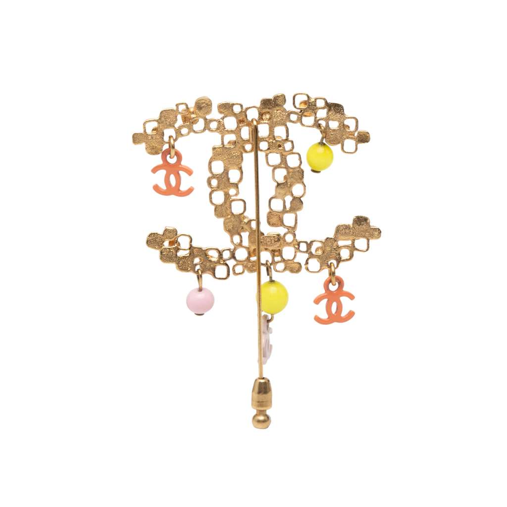 Chanel Gold Plated Resin Beads CC Charms Brooch Gold Good condition - Back View