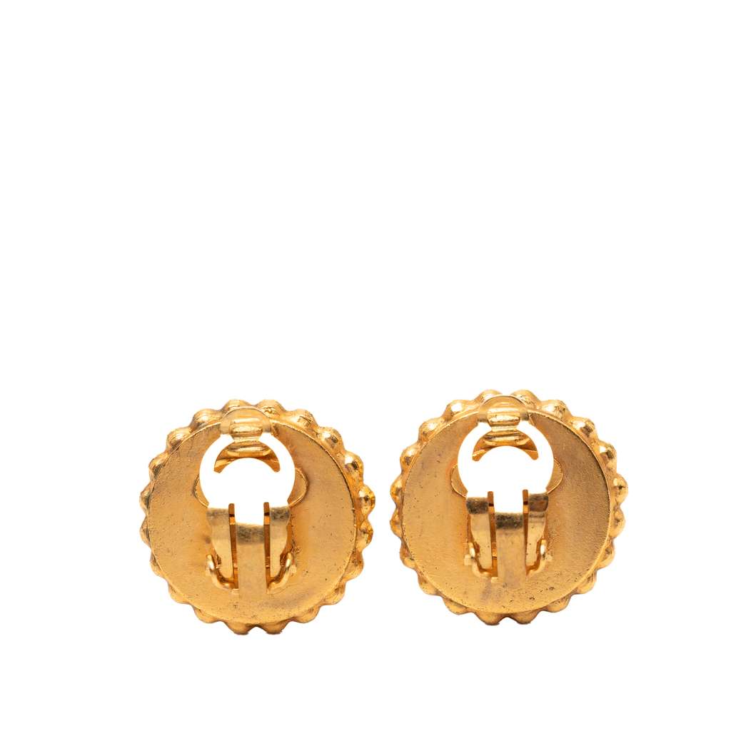 Chanel CC Gold Plated and Acrylic Round Clip On Earrings Gold Metal Good condition - Back View