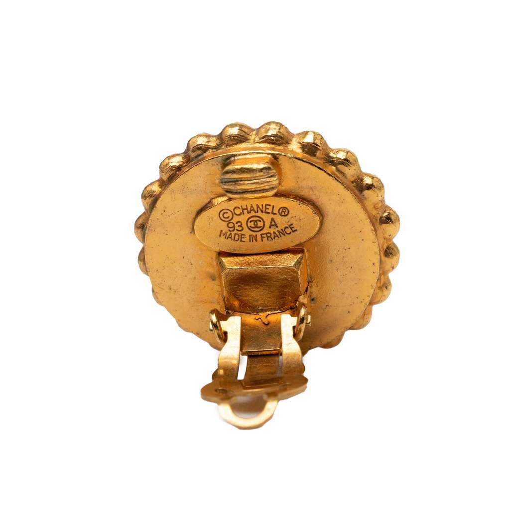 Chanel CC Gold Plated and Acrylic Round Clip On Earrings Gold Metal Good condition - Inside View