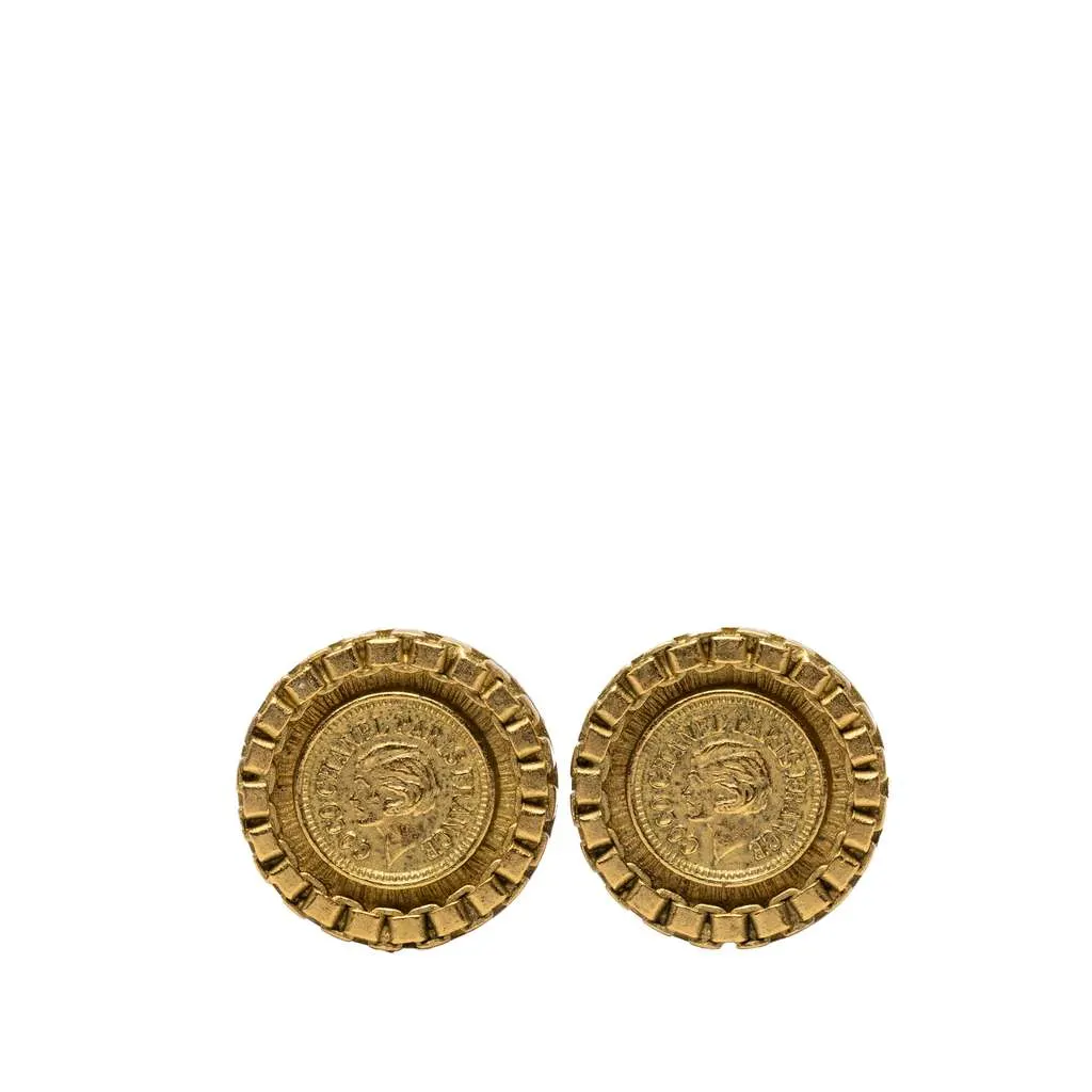 Chanel Gold Plated Coco Coin Clip On Earrings Gold Metal Very good - Front View