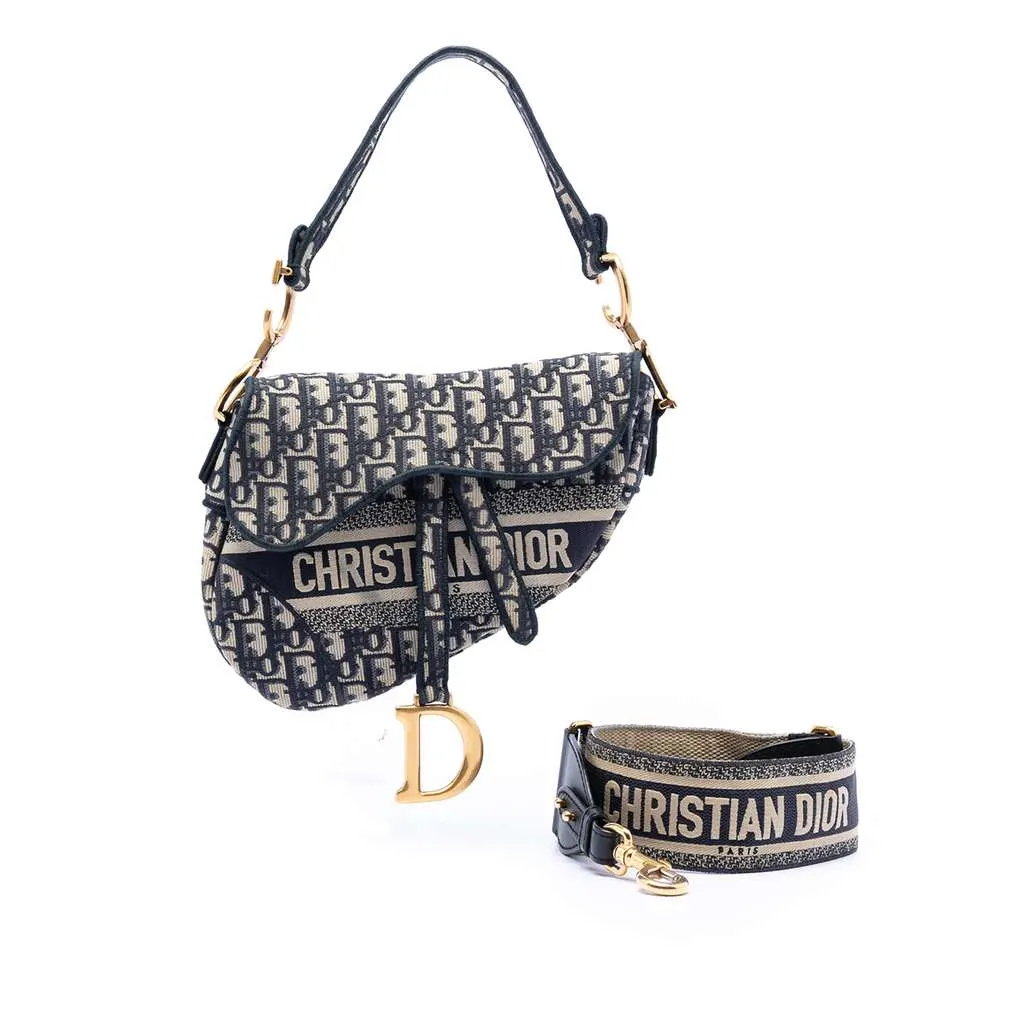 Dior Oblique Embroidered Canvas Saddle Bag Blue Canvas Very good - Front View