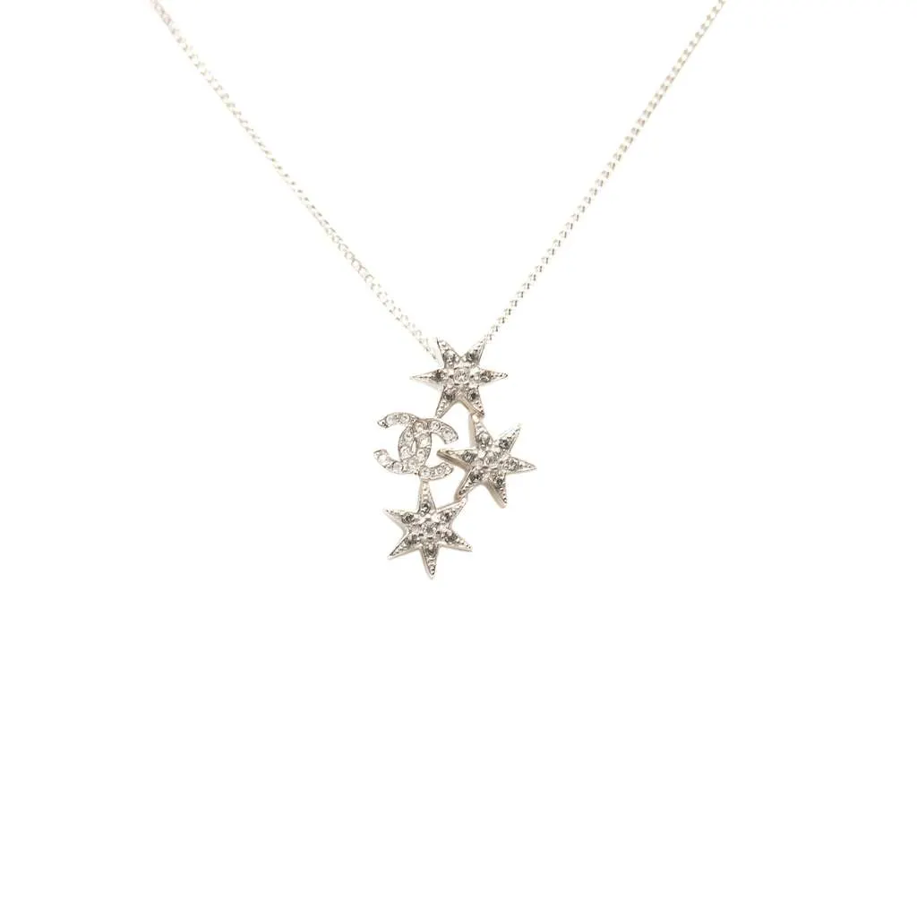 Chanel CC Silver Plated Beads and Rhinestones Star Pendant Necklace Silver Metal Very good - Back View