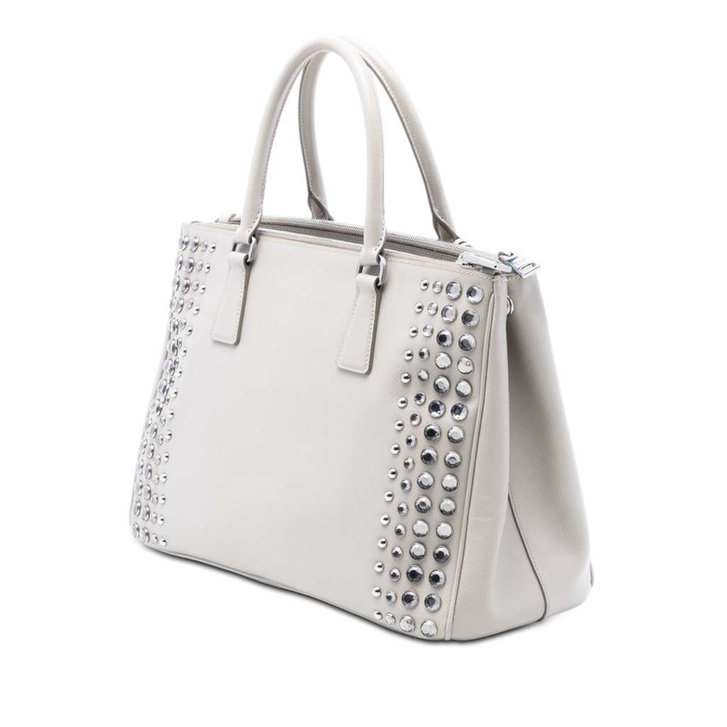 Prada Medium Saffiano Lux Studded Crystal Galleria Double Zip Satchel Grey Leather Good condition - Back View