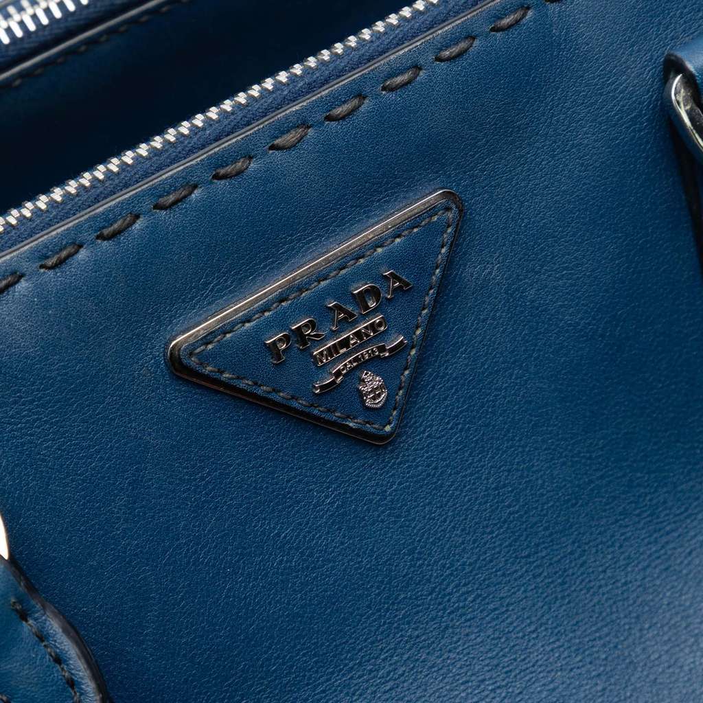 Prada Medium City Calf Hand Stitched Galleria Double Zip Satchel Blue Leather Good condition - Box View