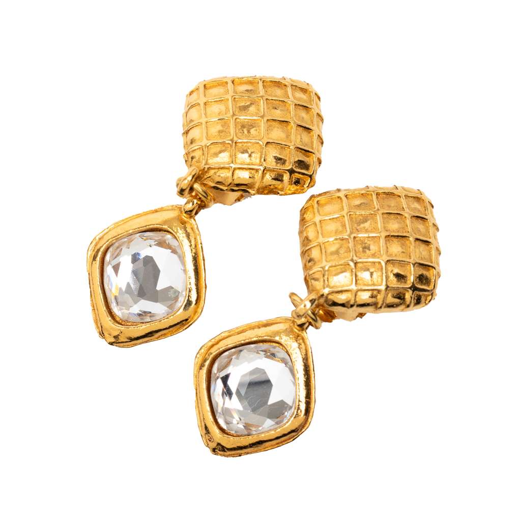 Chanel Quilted Gold Plated Rhinestone Diamond Shape Drop Clip On Earrings Gold Metal Good condition - Inside View