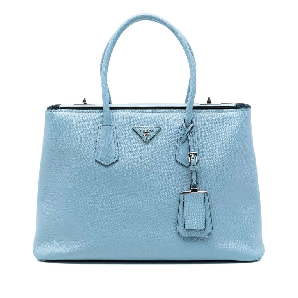 Prada Saffiano Cuir Turnlock Twin Satchel Blue Leather Very good - Front View