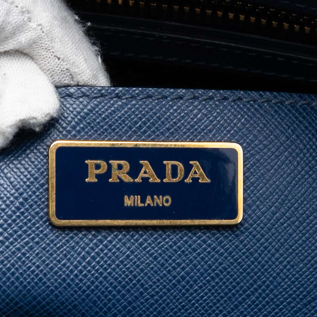 Prada Saffiano Lux Galleria Double Zip Front Pocket Satchel Blue Leather Good condition - Box View