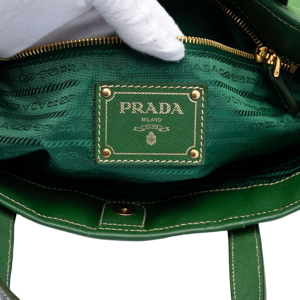 Prada Saffiano Trimmed Tessuto Logo Plate Convertible Tote Green Good condition - Box View