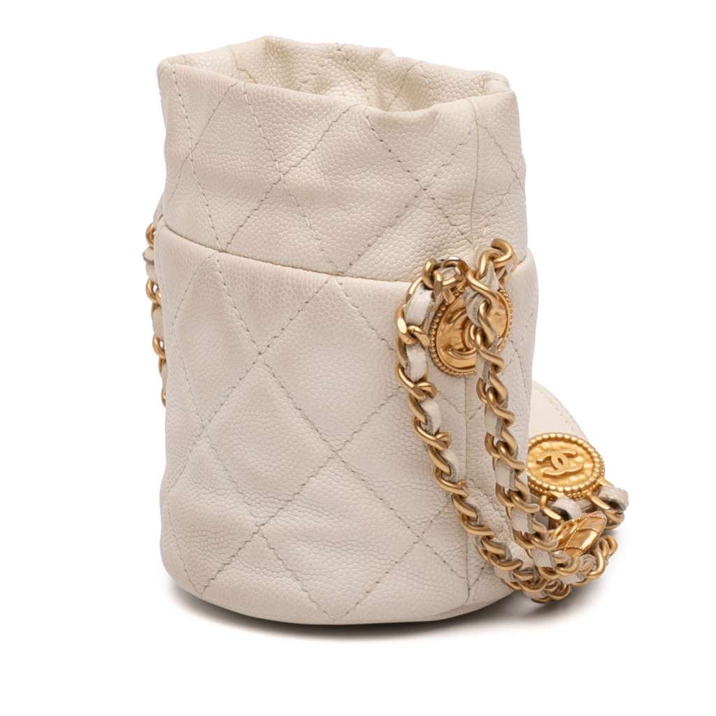 Chanel Mini Quilted Caviar Twist Your Buttons Drawstring Bucket Bag White Leather Good condition - Back View