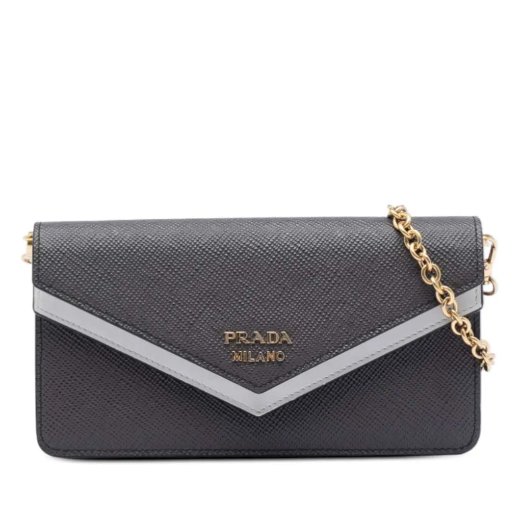 Prada Bicolor Saffiano Lux Envelope Double Flap Wallet on Chain Black Leather Very good - Front View
