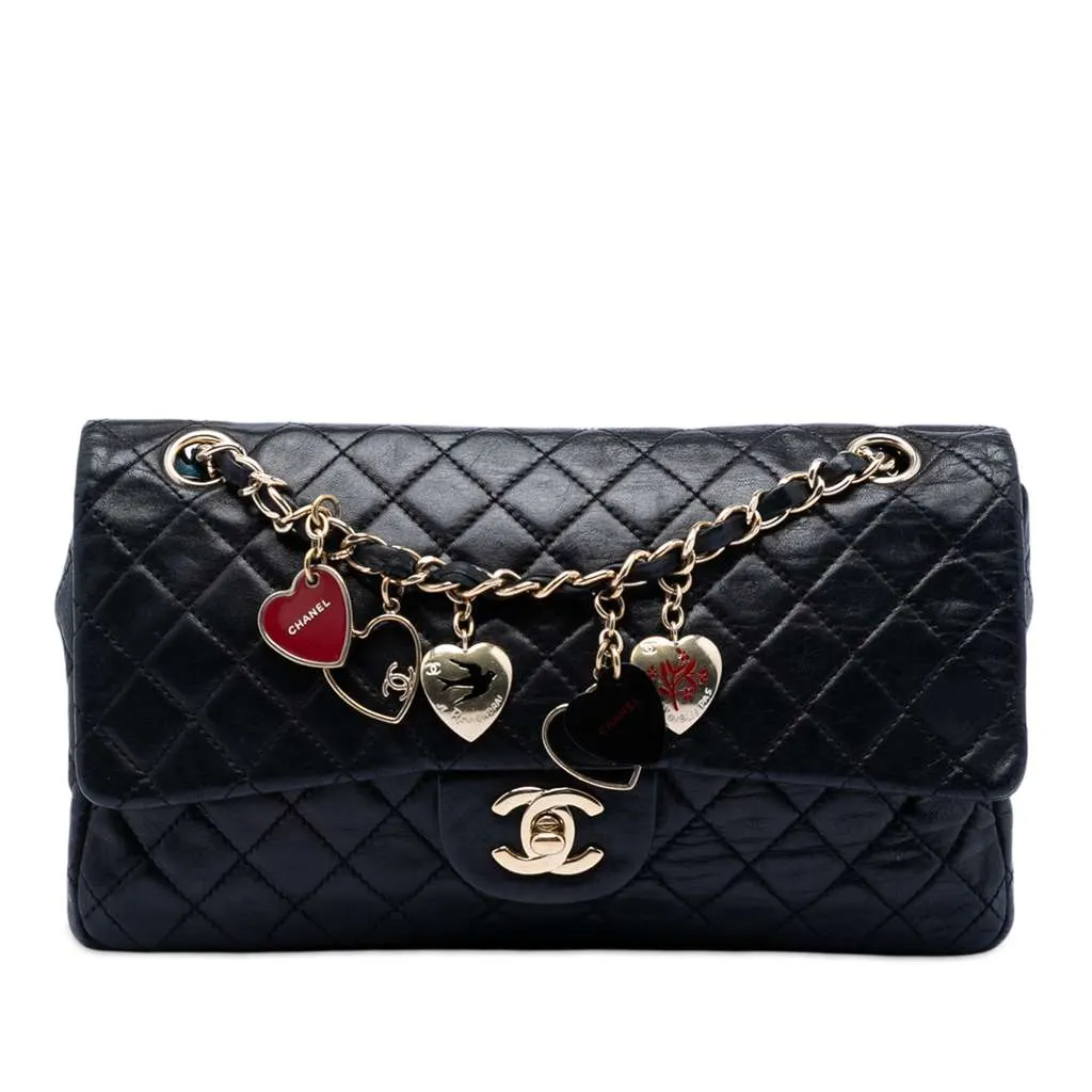 Chanel Medium Classic Lambskin Valentines Heart Charms Single Flap Black Leather Very good - Front View