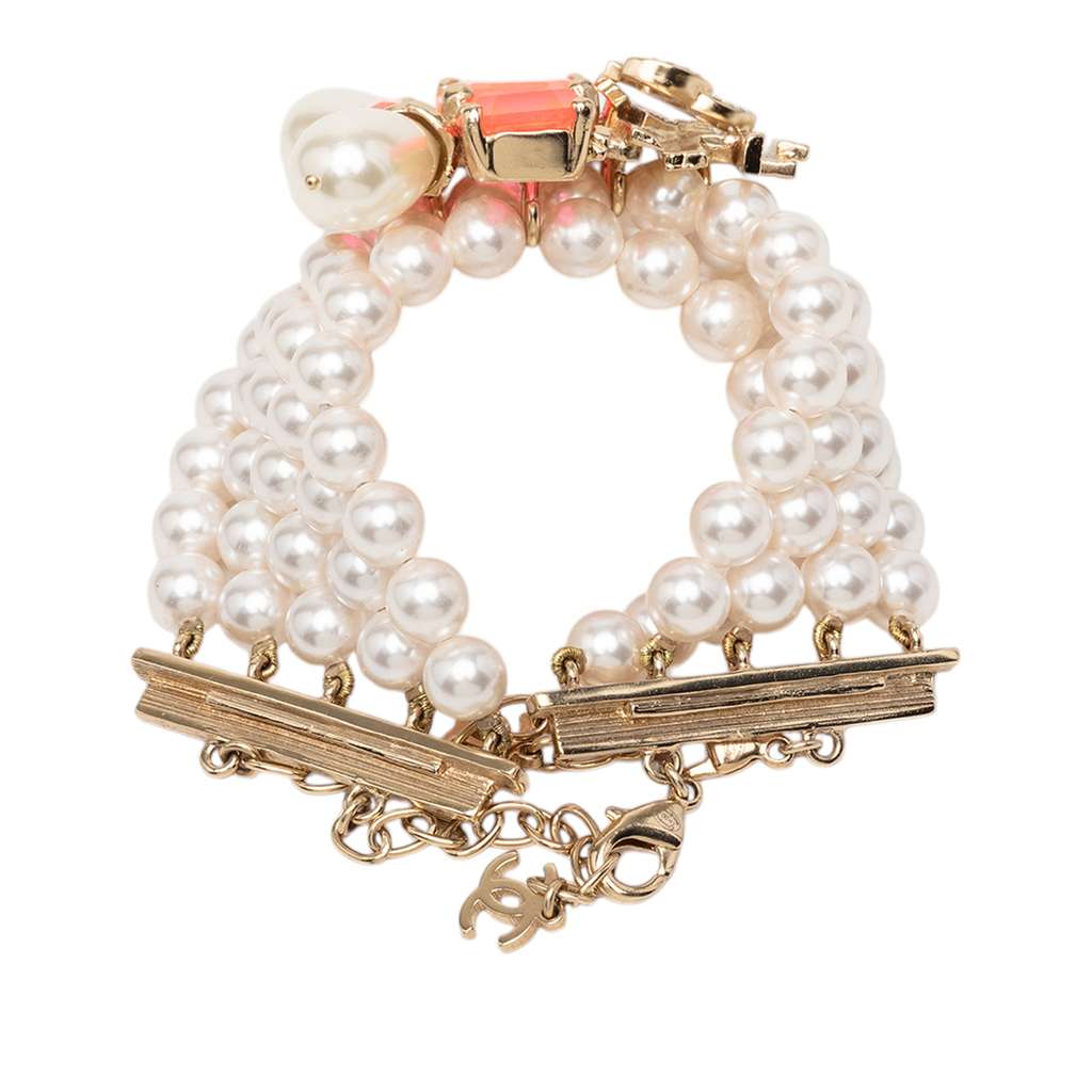 Chanel CC Gold Plated Rhinestone Resin Faux Pearl Multi Strand Bracelet Gold Metal Good condition - Inside View