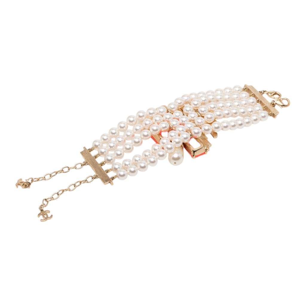 Chanel CC Gold Plated Rhinestone Resin Faux Pearl Multi Strand Bracelet Gold Metal Good condition - Box View