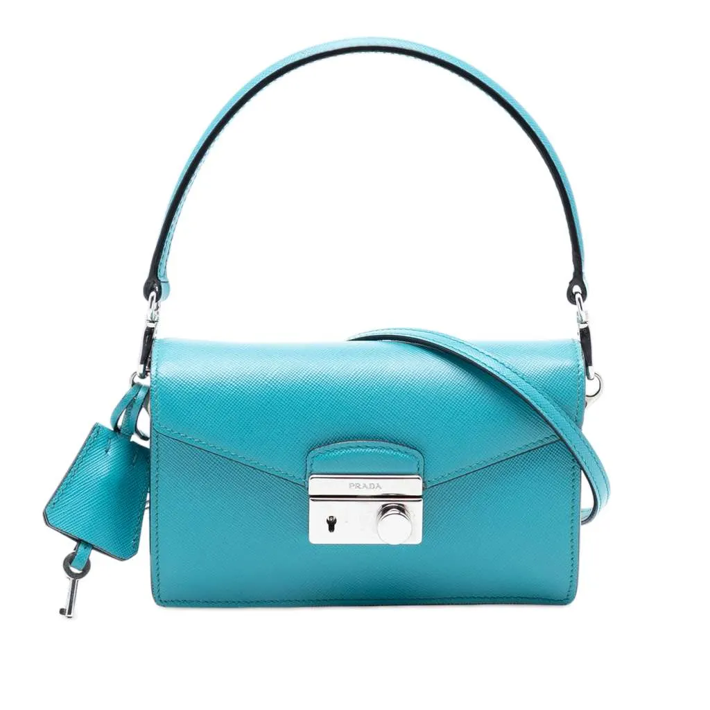 Prada Saffiano Lux Sound Lock Satchel Blue Leather Very good - Front View