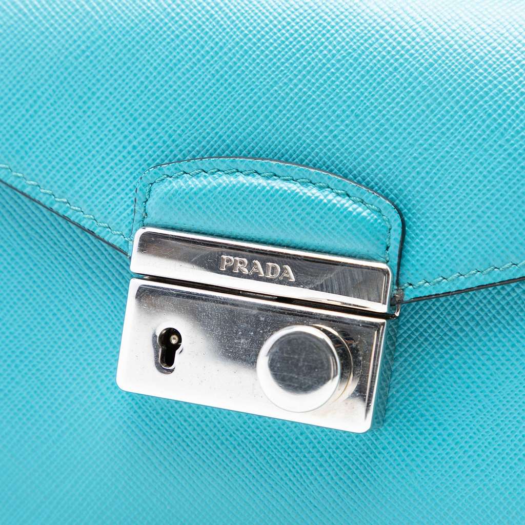 Prada Saffiano Lux Sound Lock Satchel Blue Leather Good condition - Box View