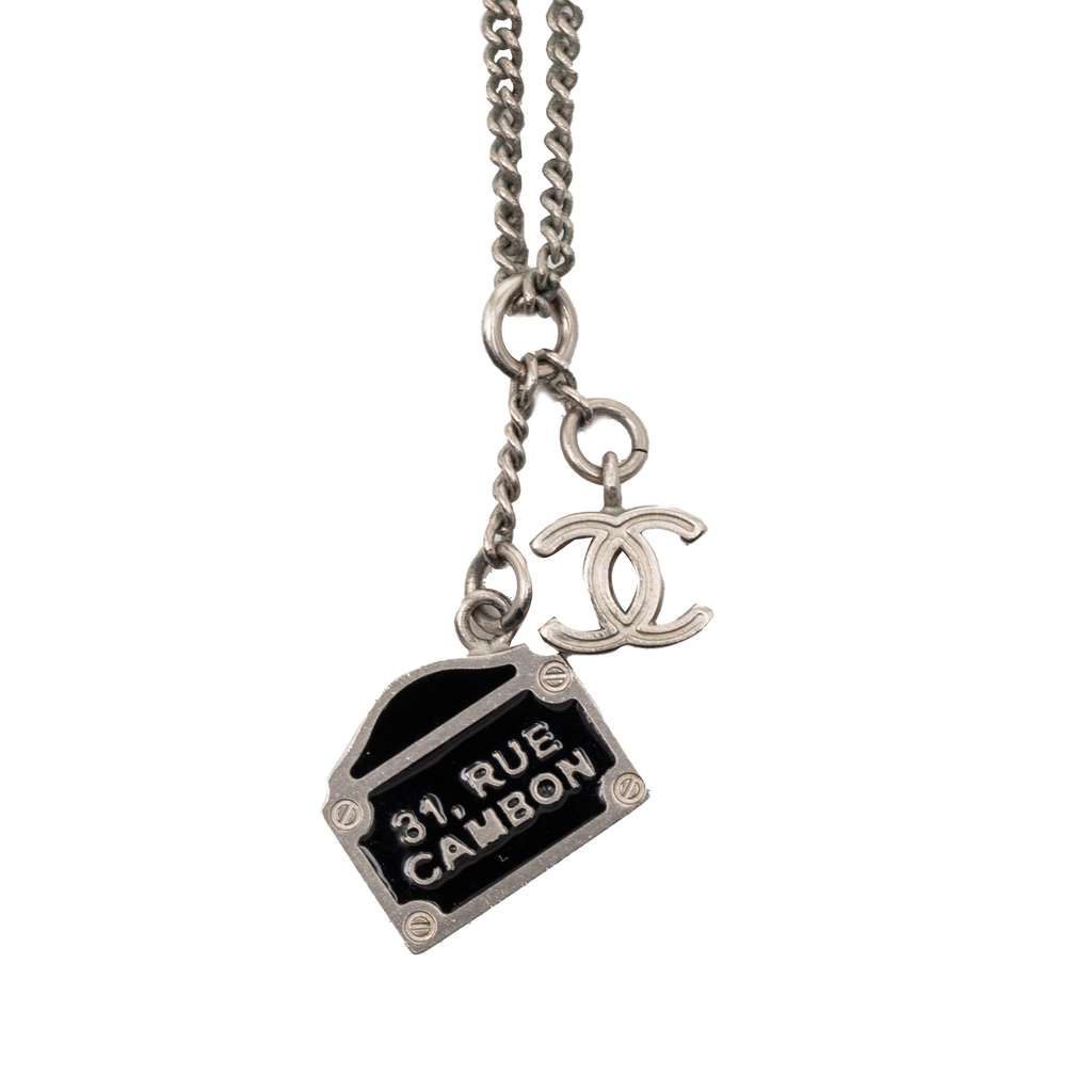 Chanel Silver Plated CC Enamel 31 Rue Cambon Pendant Necklace Silver Metal Good condition - Back View