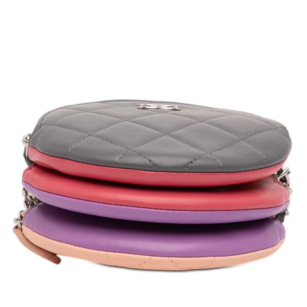 Chanel CC Quilted Lambskin Triple Zip Round Clutch With Chain Grey Leather Good condition - Inside View