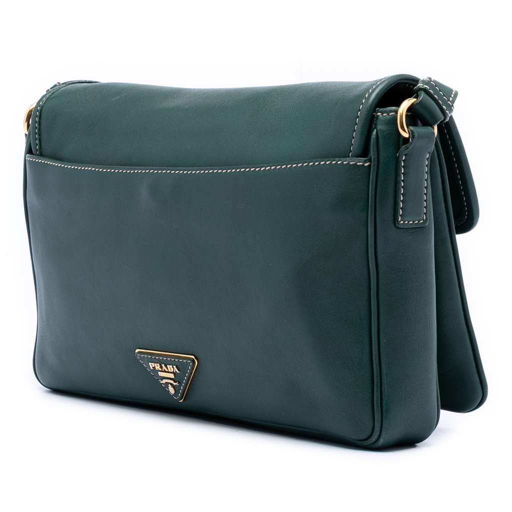 Prada City Calf Push Lock Flap Crossbody Green Leather Good condition - Back View