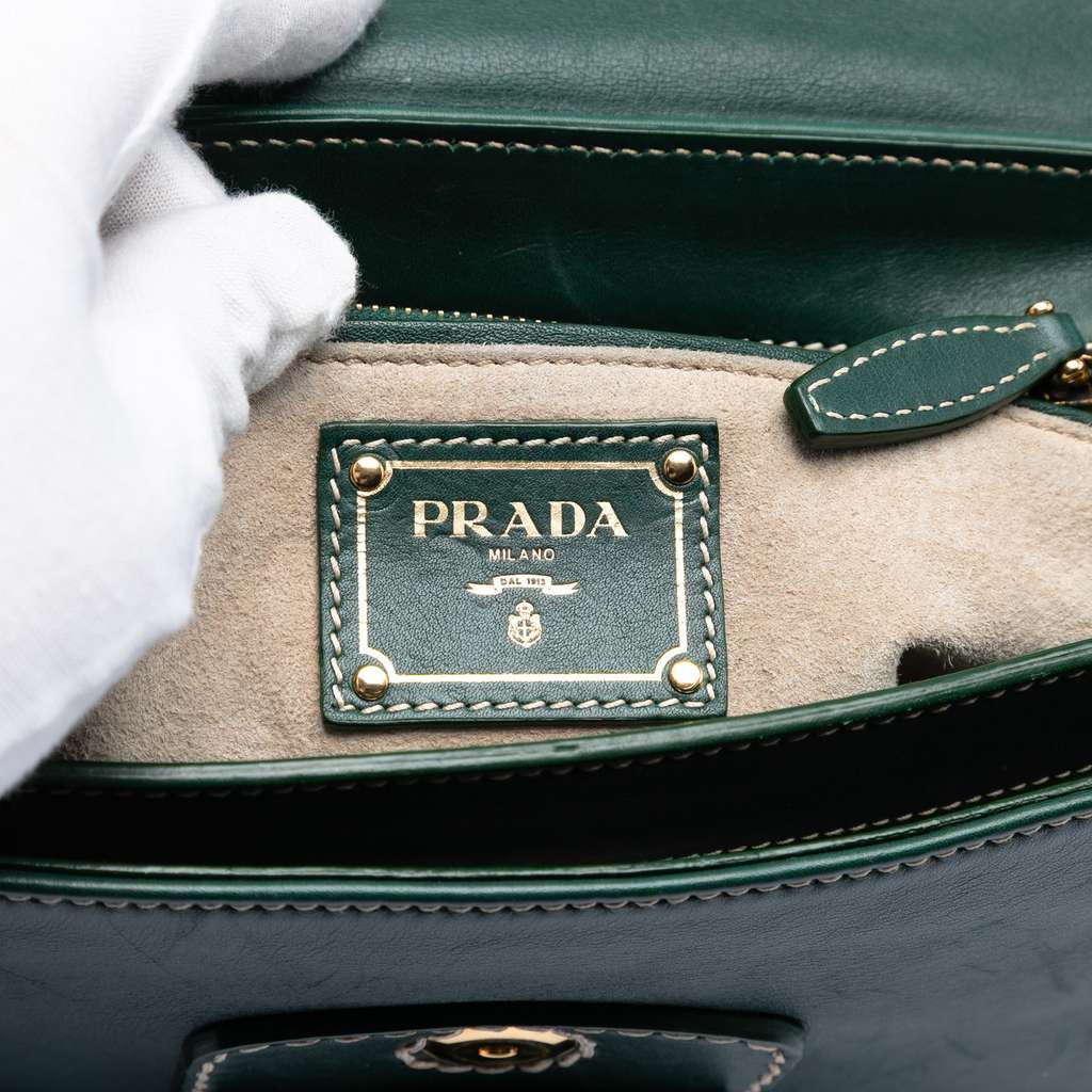 Prada City Calf Push Lock Flap Crossbody Green Leather Good condition - Box View