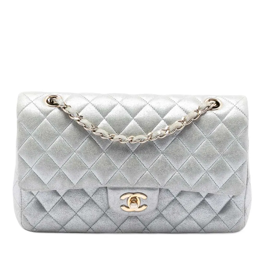 Chanel Medium Classic Metallic Lambskin Double Flap Silver Leather Very good - Front View
