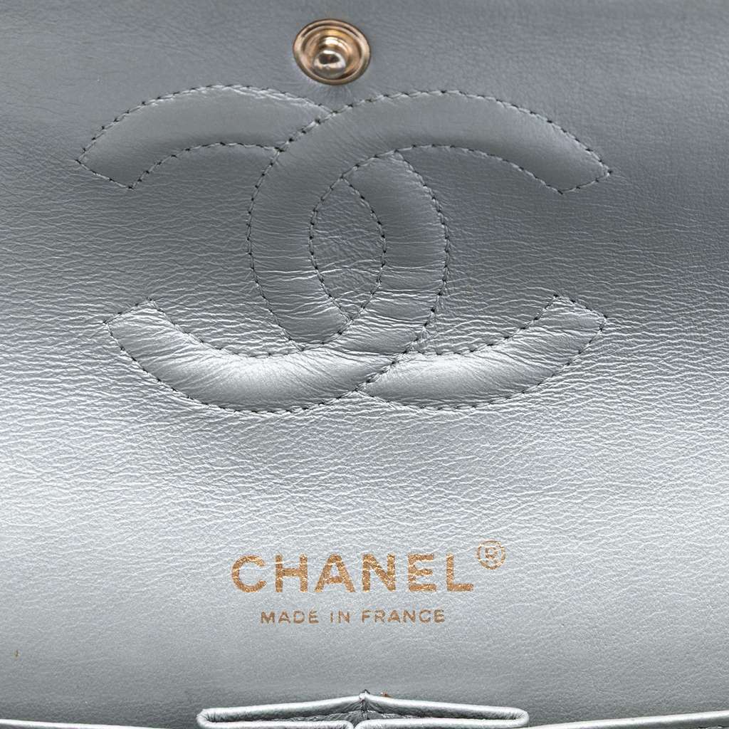 Chanel Medium Classic Metallic Lambskin Double Flap Silver Leather Good condition - Box View