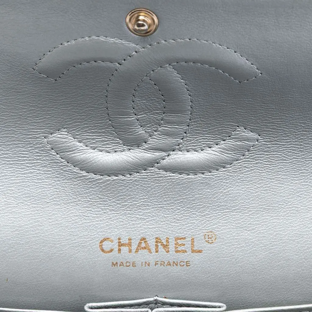 Chanel Medium Classic Metallic Lambskin Double Flap Silver Leather Very good - Box View