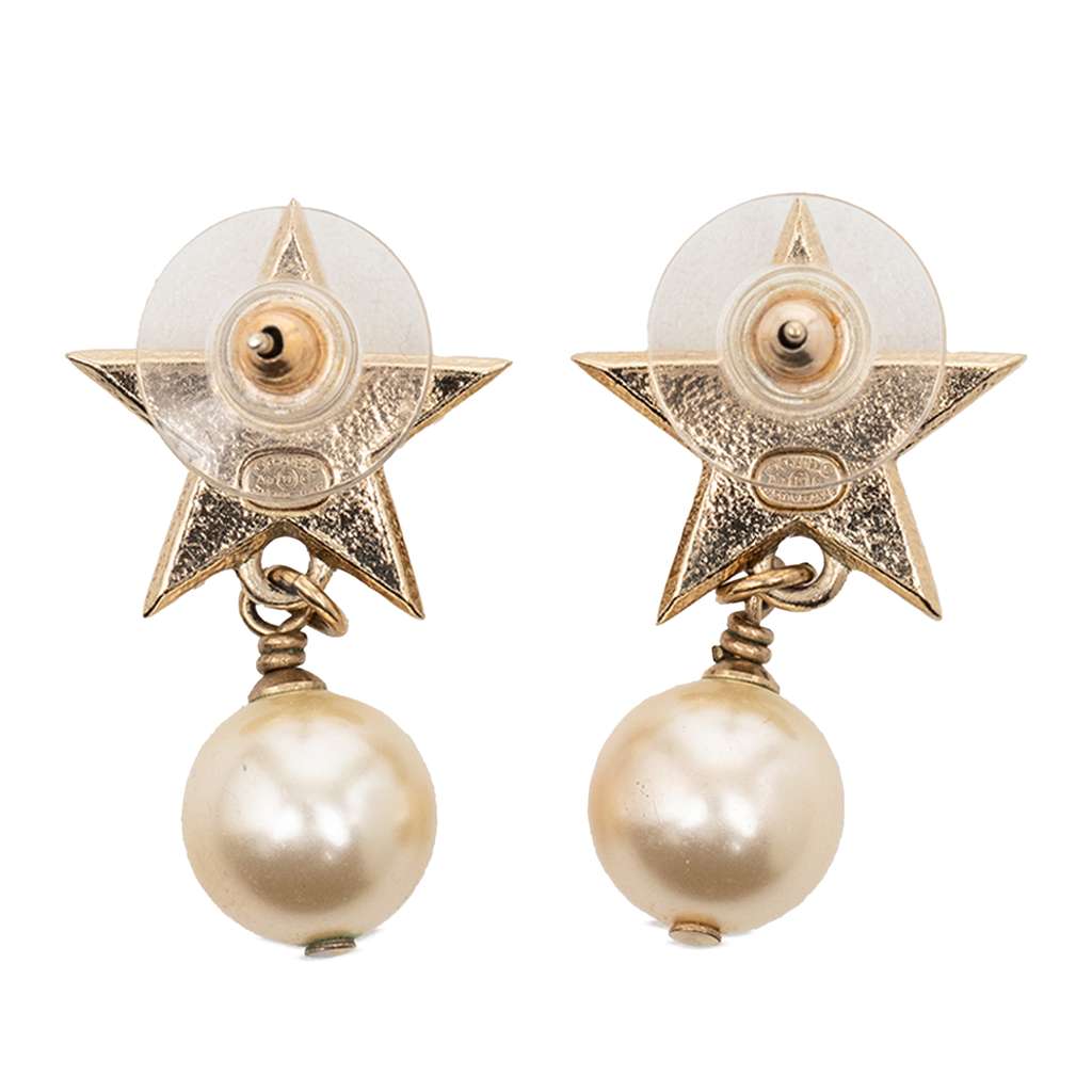 Chanel CC Gold Plated Faux Pearl Star Drop Push Back Earrings Gold Metal Good condition - Back View