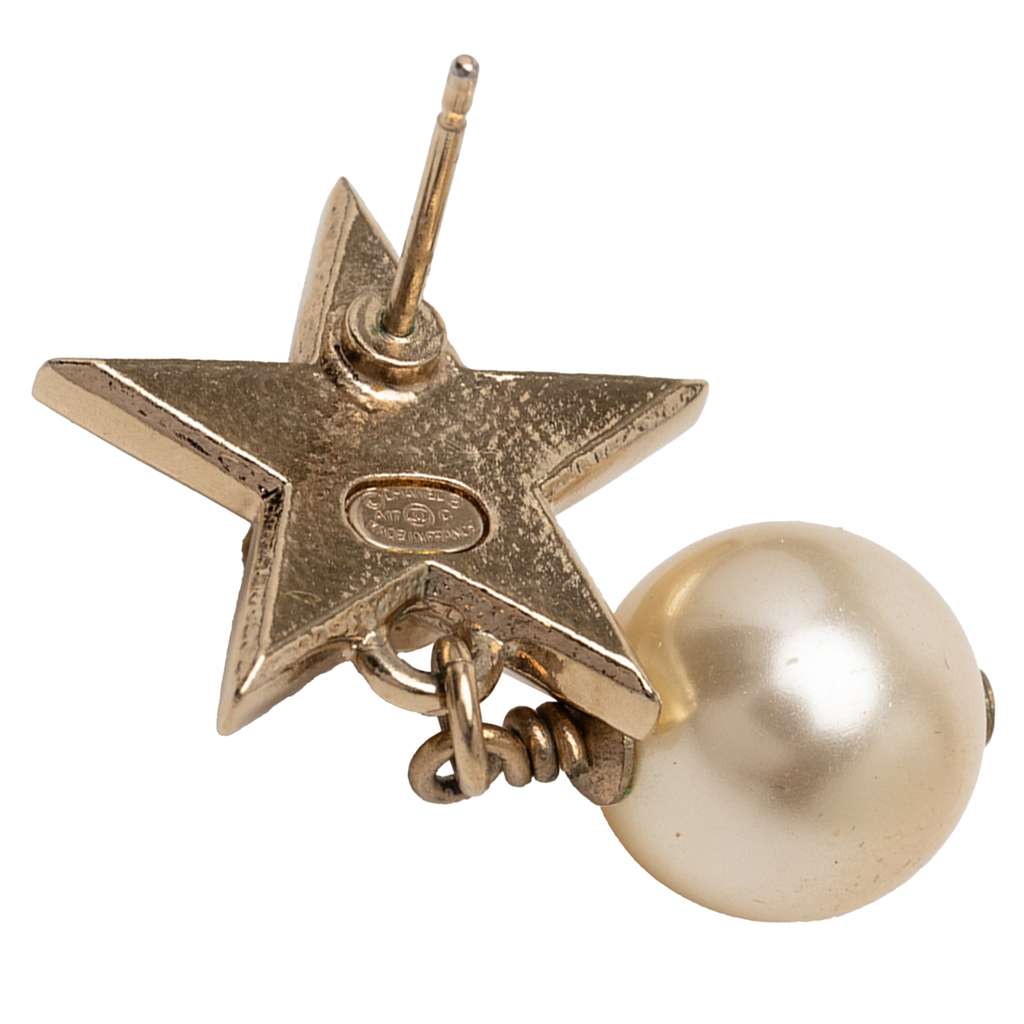 Chanel CC Gold Plated Faux Pearl Star Drop Push Back Earrings Gold Metal Good condition - Inside View