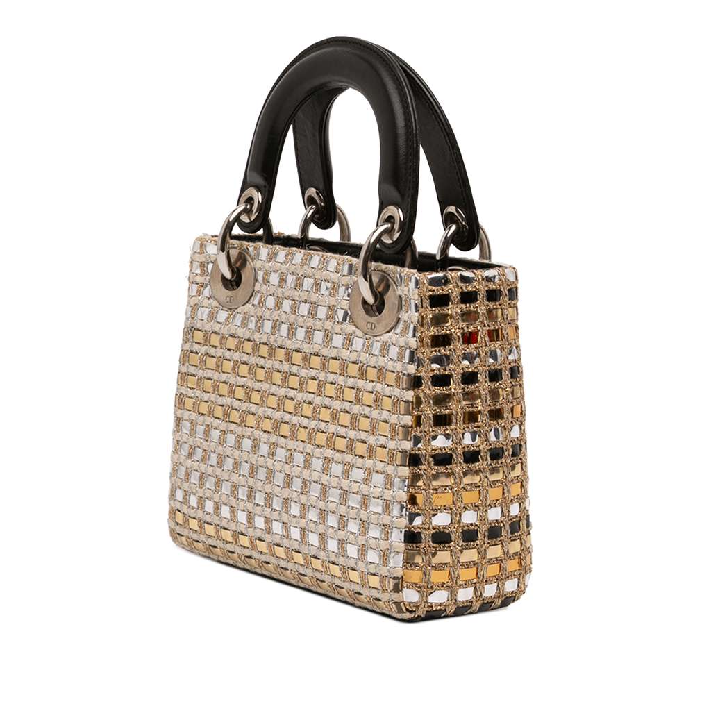 Dior Mini Metallic Leather Woven Tweed Lady Dior Gold Tweed Good condition - Back View