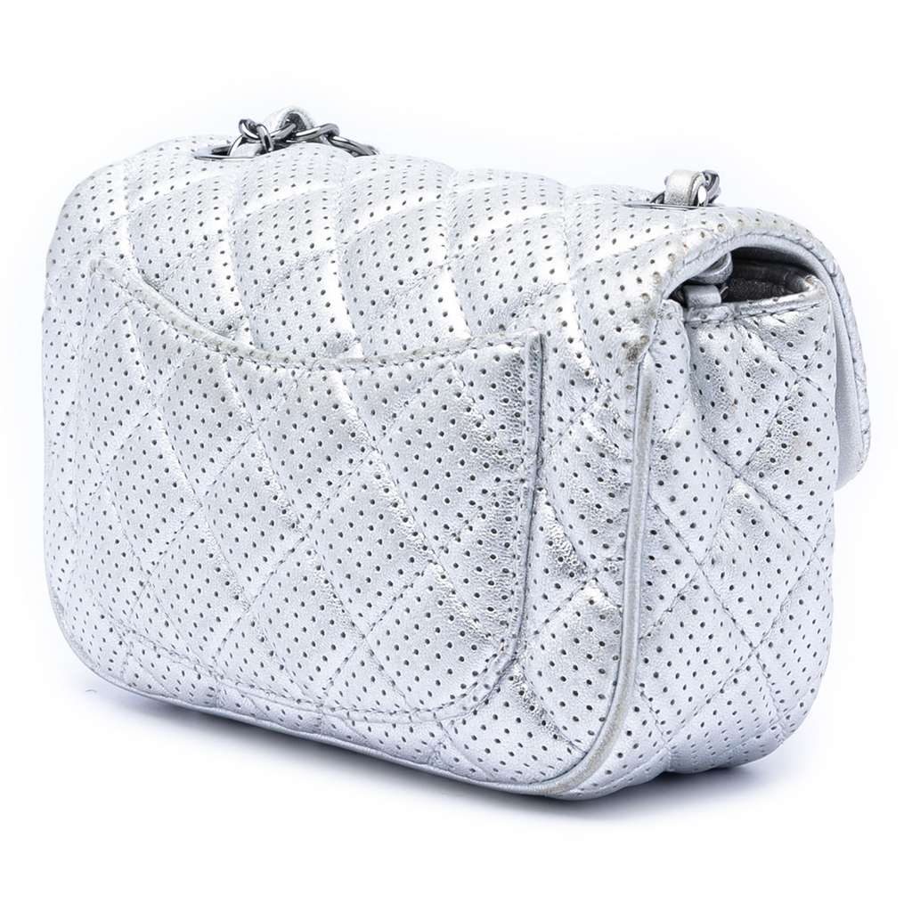 Chanel Mini Perforated Lambskin Punch Flap Silver Leather Good condition - Back View