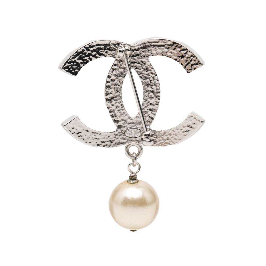 Chanel CC Silver Plated Faux Pearl Drop Brooch Silver Metal Good condition - Back View