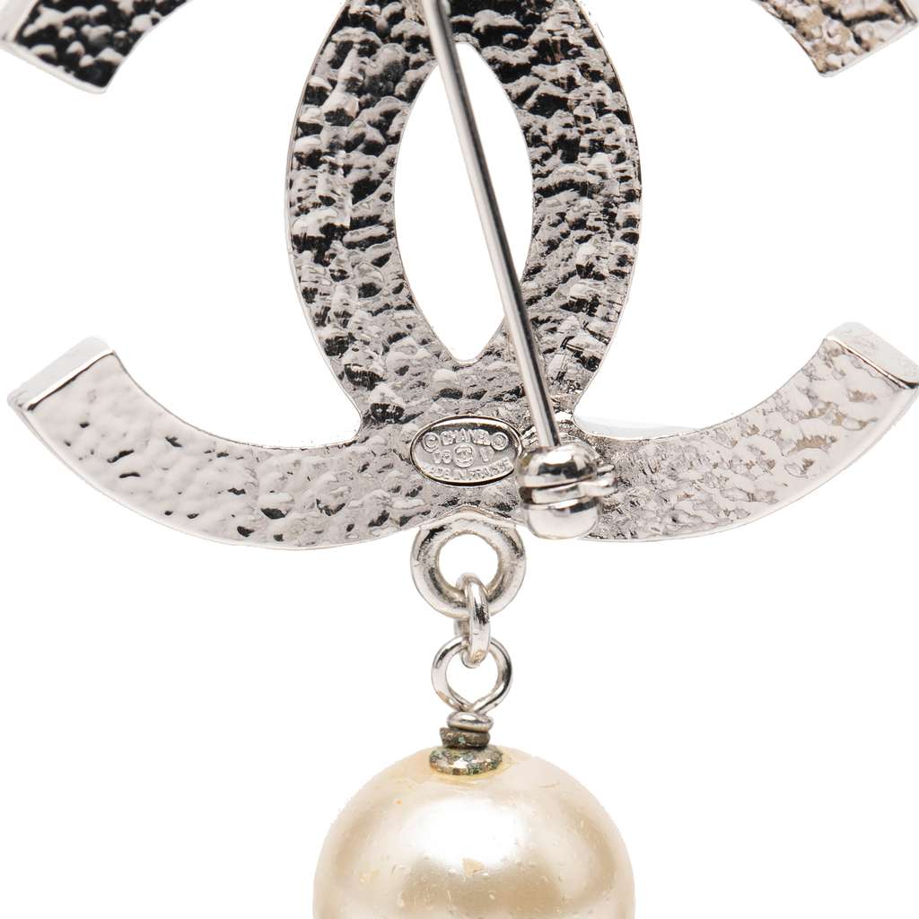 Chanel CC Silver Plated Faux Pearl Drop Brooch Silver Metal Good condition - Inside View