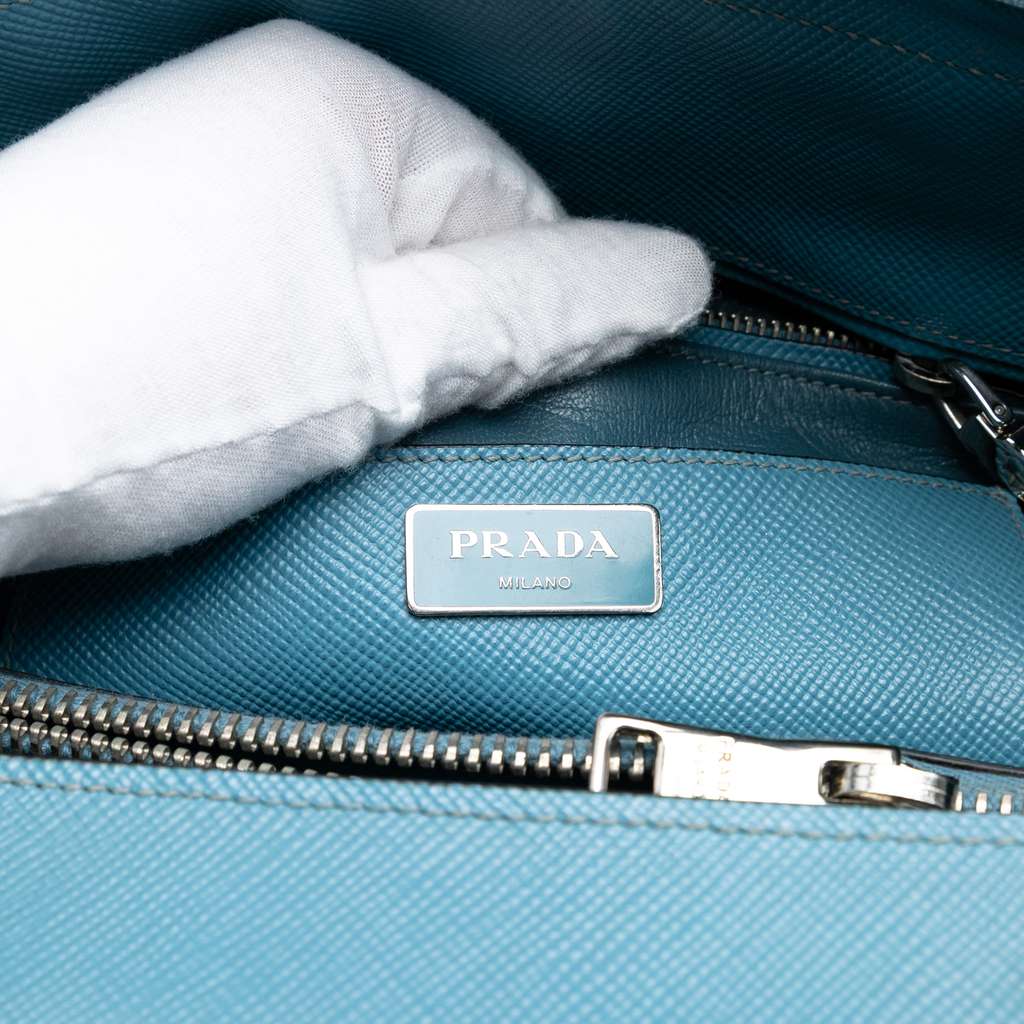 Prada Saffiano Cuir Turnlock Twin Satchel Blue Leather Good condition - Box View