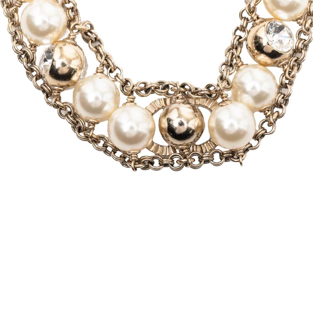 Chanel CC Gold Plated Rhinestone Faux Pearl Chain Choker Necklace Gold Metal Good condition - Back View