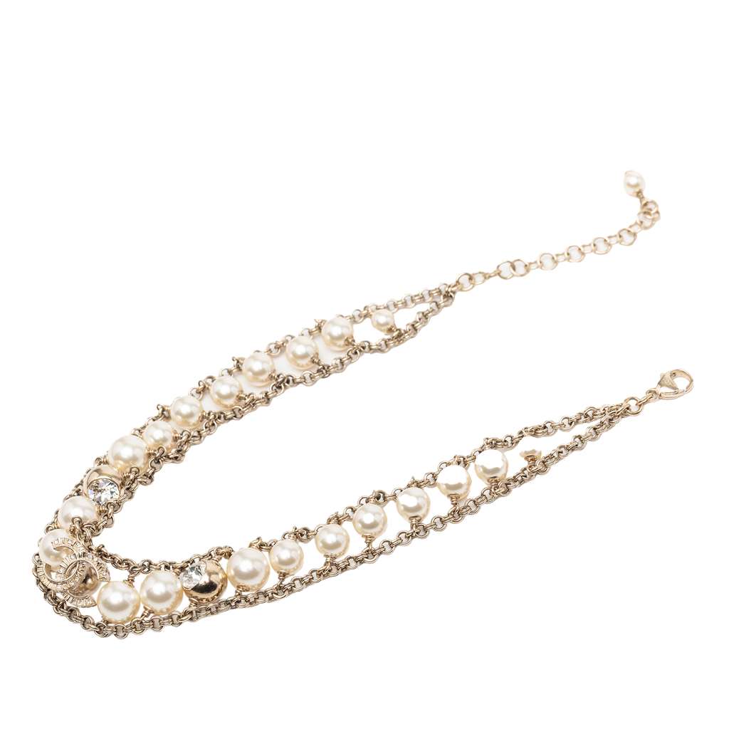 Chanel CC Gold Plated Rhinestone Faux Pearl Chain Choker Necklace Gold Metal Good condition - Inside View