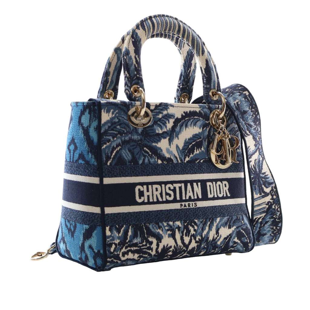 Dior Medium Embroidered Canvas Palm Tree Toile De Jouy Lady D Lite Blue Canvas Good condition - Inside View