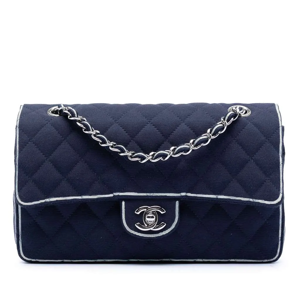 Chanel Medium Classic Printed Grosgrain Double Flap Blue Very good - Front View