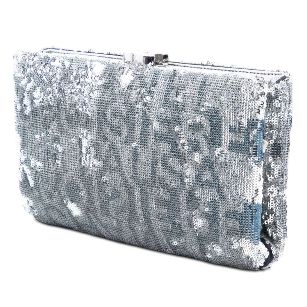 Chanel Satin Sequin Embroidered La Pausa Evening Clutch Silver Satin Good condition - Back View