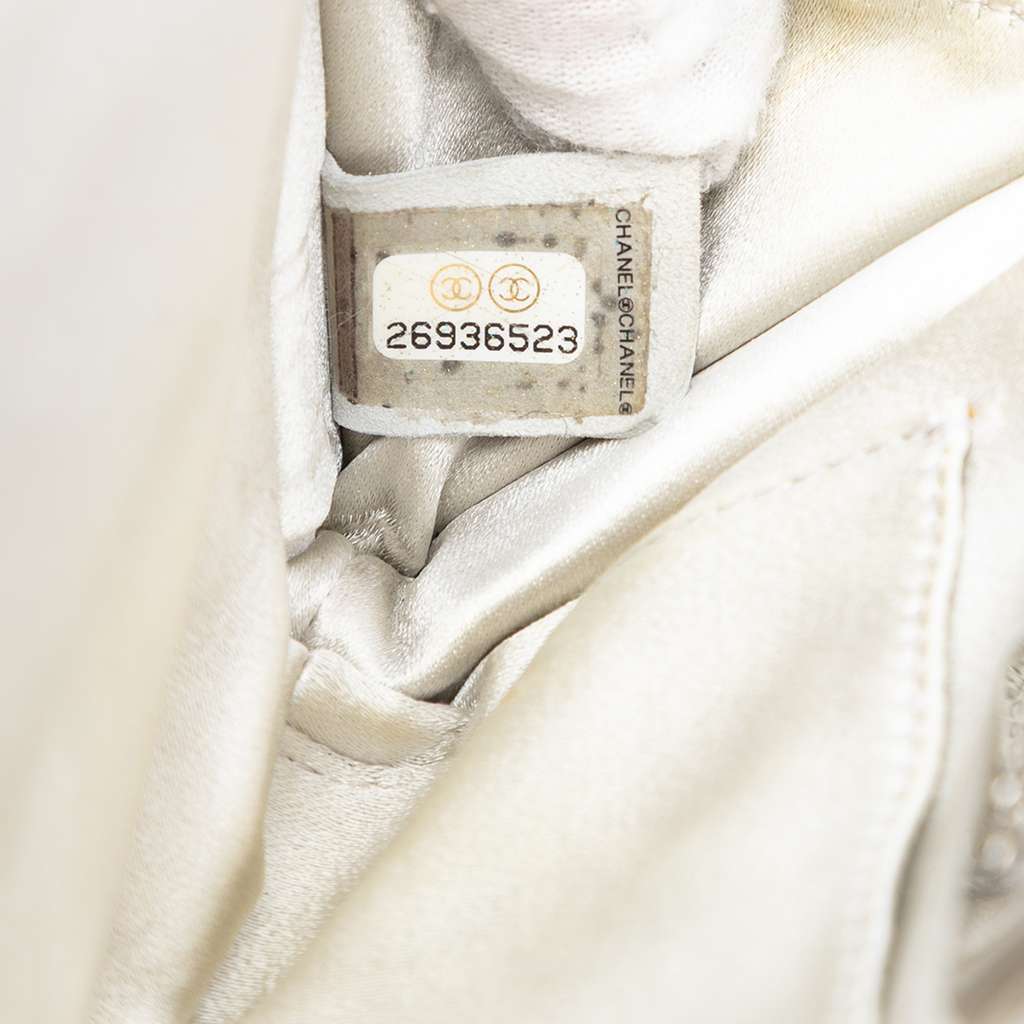 Chanel Satin Sequin Embroidered La Pausa Evening Clutch Silver Satin Good condition - Box View