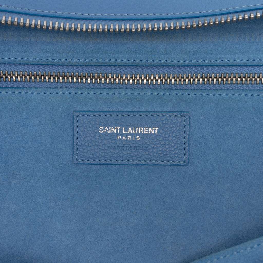 Saint Laurent Small Grained Calfskin Cabas Rive Gauche Satchel Blue Leather Good condition - Box View