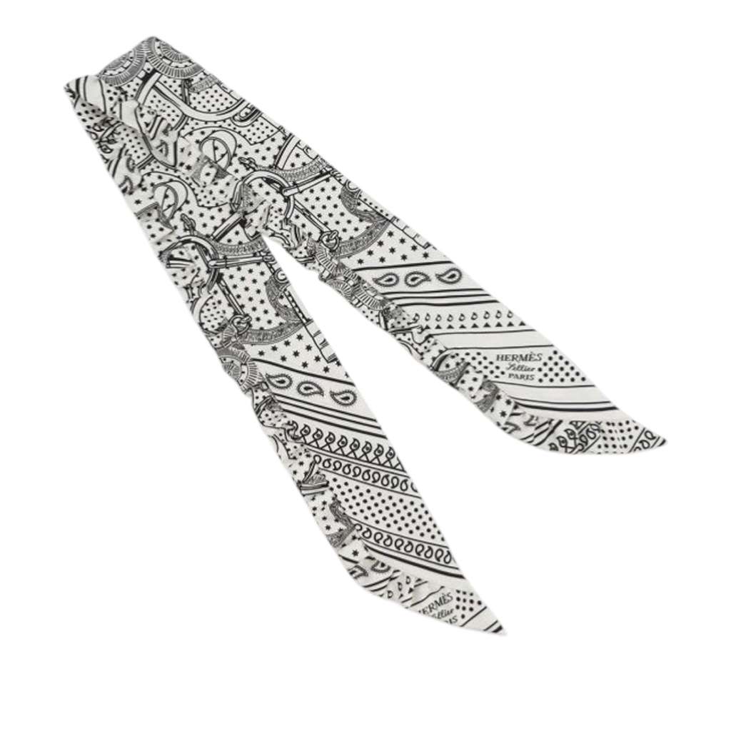 Hermès Eperon d'Or Bandana Ruffled Silk Twilly Scarf White Silk Good condition - Back View